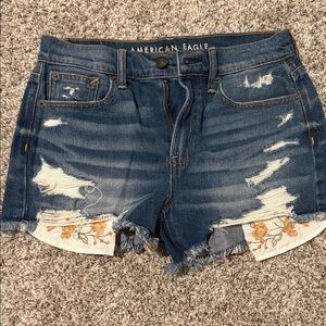 American Eagle Dark Blue Distressed Jean Shorts with Floral Embroidery